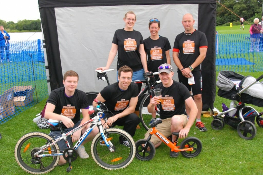 The team two teams that took part in the Sundowner Triathlon 2013, for Pryers, to raise money for the Stroke Association.