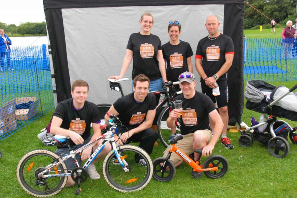 The team two teams that took part in the Sundowner Triathlon 2013 to raise funds for the Stroke Association.
