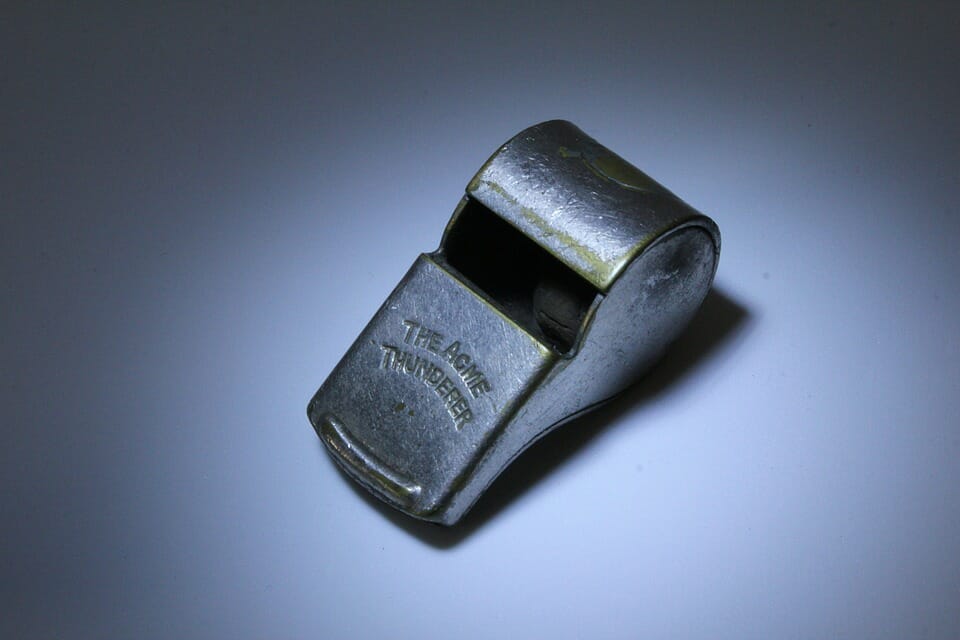 A photograph of a whistle, to support an article about whistleblowing investigations.