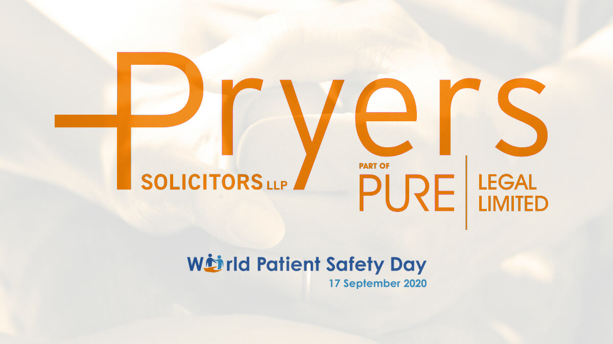 Pryers logo turned orange, to mark World Patient Safety Day in 2020. There is a very fain background photo of two people holding hands