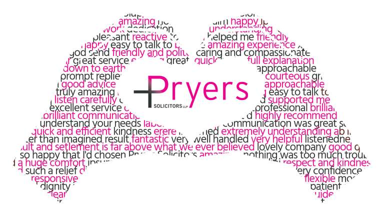 Pryers Solicitors' Logo between two hands, made up of testimonials from clients